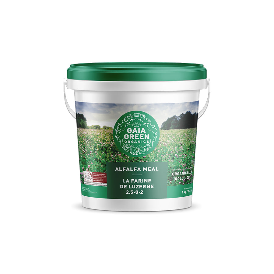 Gaia Green Alfalfa Meal, an organic fertilizer with an N-P-K ratio of 3-0-2, designed to improve soil structure and promote healthy plant growth.