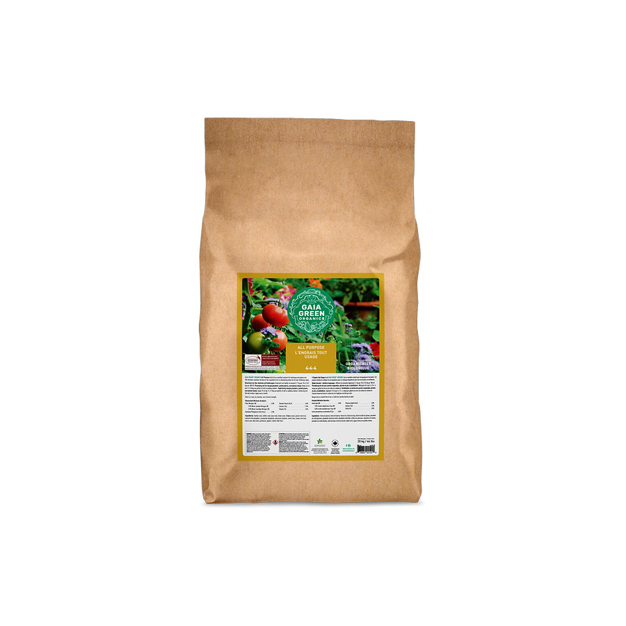 Gaia Green All Purpose Fertilizer, a 4-4-4 organic blend, designed to provide balanced nutrients for a wide variety of plants during all growth stages.