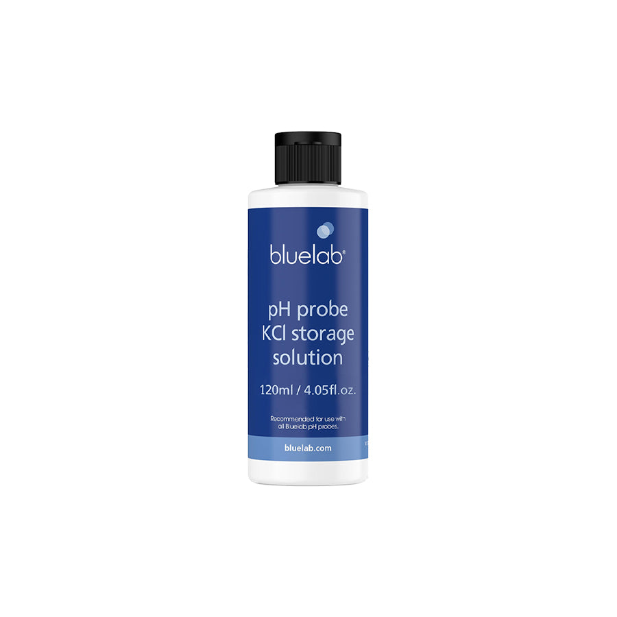 Bluelab KCl Storage Solution, a 120ml bottle of potassium chloride solution used for maintaining pH probe hydration and accuracy.