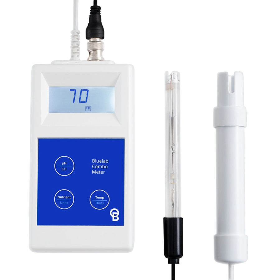 Bluelab Combo Meter, a portable digital device for measuring pH, electrical conductivity, and total dissolved solids (TDS) in nutrient solutions.