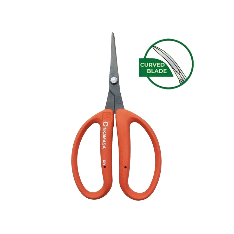 Chikamasa CRI-550SRF pruning shears with stainless steel curved blades and a fluorine coating, designed for detailed trimming and reduced sap buildup.