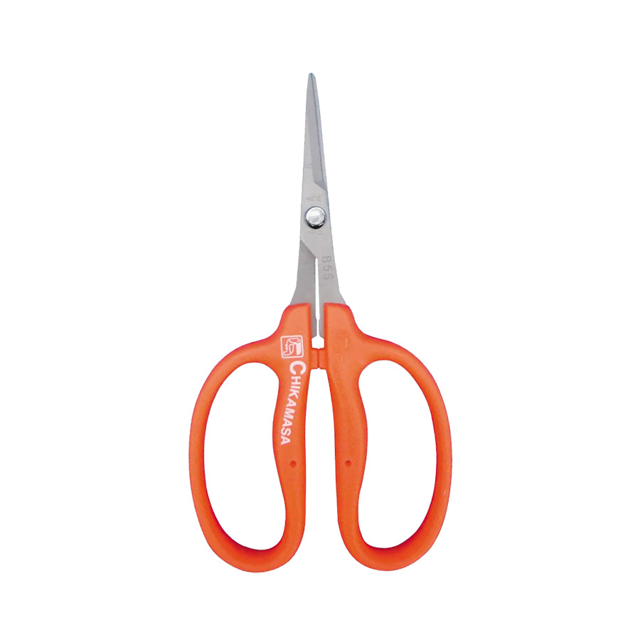 Chikamasa B-500SF pruning shears with stainless steel straight blades and a fluorine coating, designed for smooth, precise cuts and reduced sap buildup.