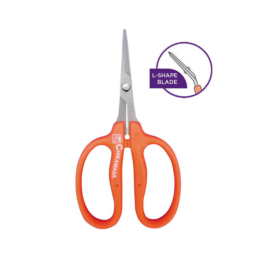 Chikamasa B-500SLF pruning shears with stainless steel L-shaped blades and a fluorine coating, designed for precise cutting and reduced sap buildup during trimming.