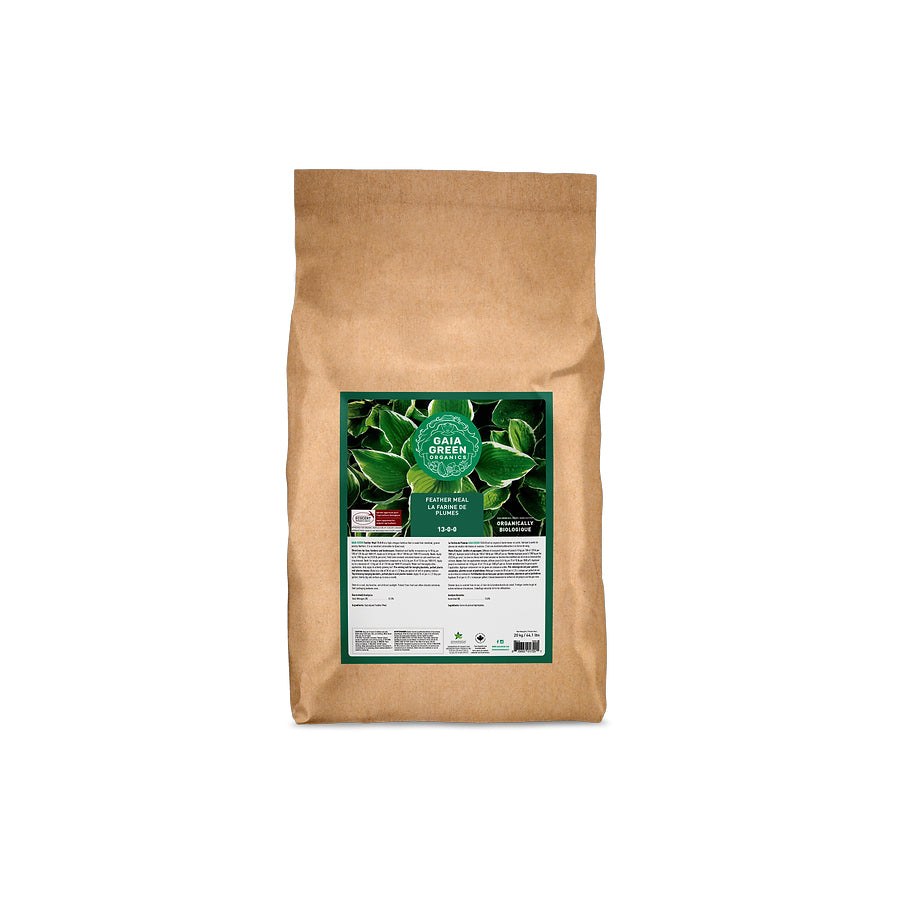 Gaia Green Feather Meal, an organic fertilizer with an N-P-K ratio of 13-0-0, providing a slow-release source of nitrogen to promote vigorous plant growth.