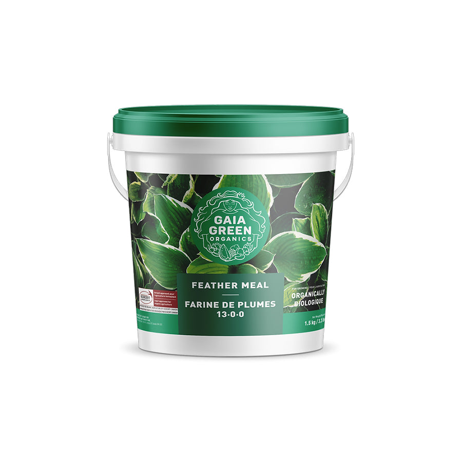 Gaia Green Feather Meal, an organic fertilizer with an N-P-K ratio of 13-0-0, providing a slow-release source of nitrogen to promote vigorous plant growth.