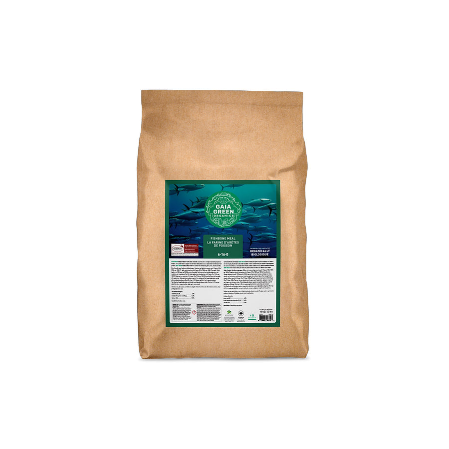 Gaia Green Fishbone Meal, an organic fertilizer with an N-P-K ratio of 6-16-0, providing a rich source of phosphorus and nitrogen to promote root development and flowering.