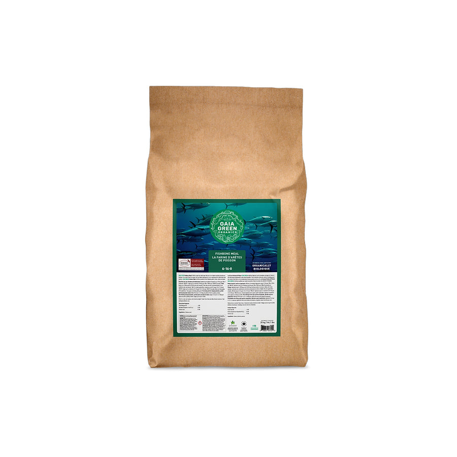 Gaia Green Fishbone Meal, an organic fertilizer with an N-P-K ratio of 6-16-0, providing a rich source of phosphorus and nitrogen to promote root development and flowering.