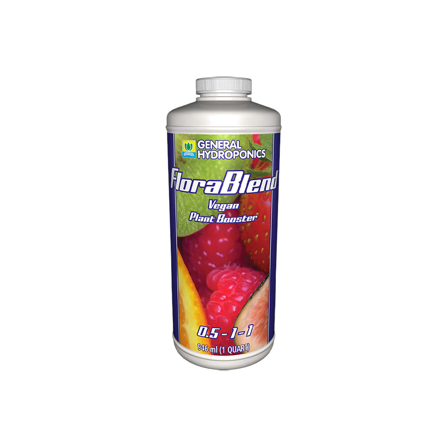 General Hydroponics Flora Blend, a organic nutrient solution with an N-P-K ratio of 0.5-1-1, designed to enhance microbial activity in the soil while supporting healthy plant growth.