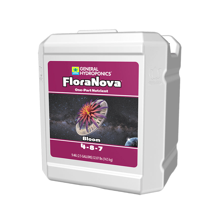 General Hydroponics FloraNova Bloom, a concentrated 1-part nutrient solution with an N-P-K ratio of 4-8-7, formulated to enhance flowering and fruiting in hydroponic and soil systems.