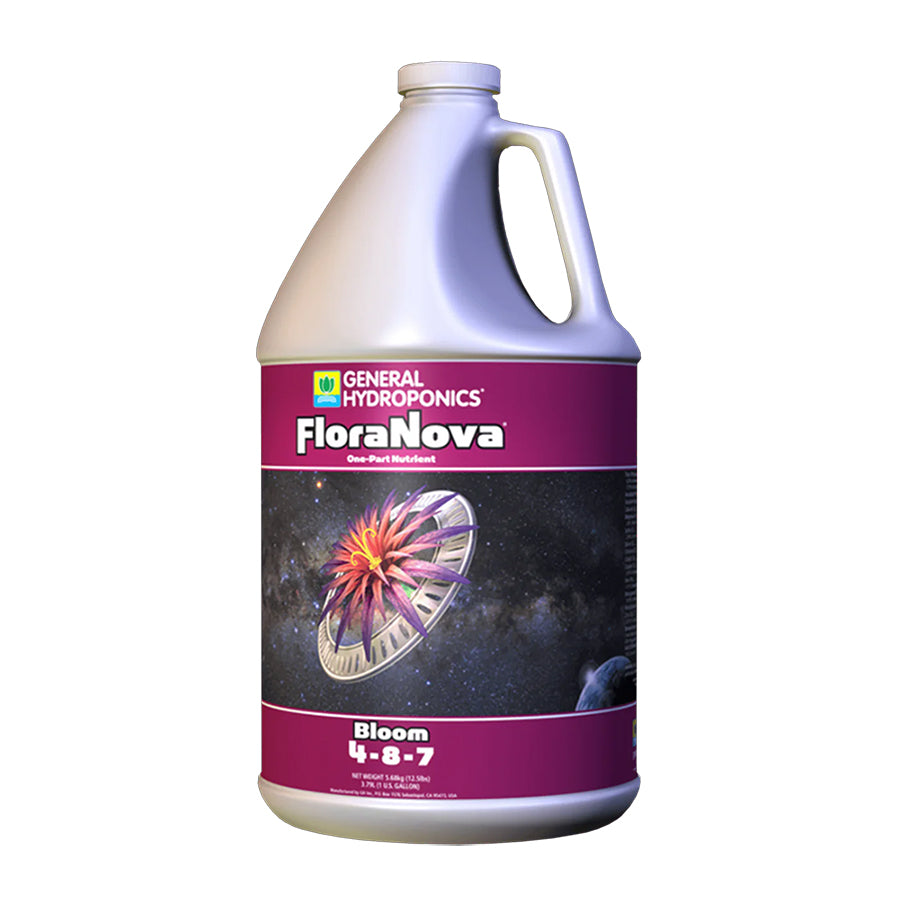 General Hydroponics FloraNova Bloom, a concentrated 1-part nutrient solution with an N-P-K ratio of 4-8-7, formulated to enhance flowering and fruiting in hydroponic and soil systems.