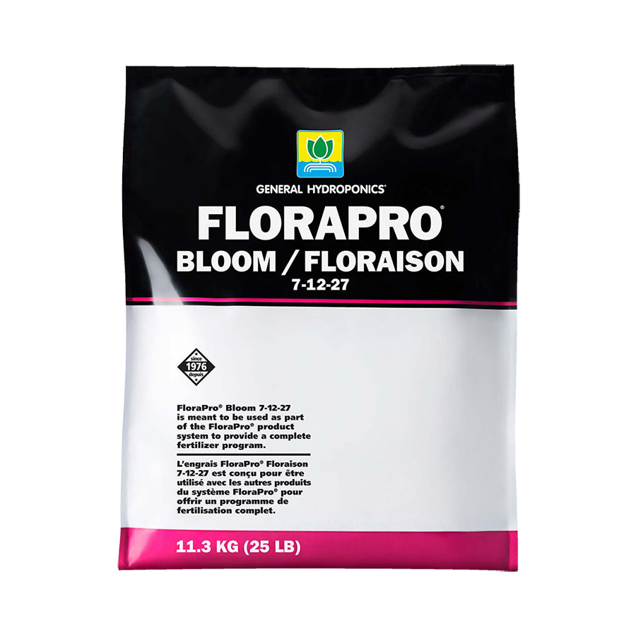 General Hydroponics FloraPro Bloom, a bag of dry fertilizer with an N-P-K ratio of 6-10-21, formulated to support flowering and fruiting in commercial growing systems.