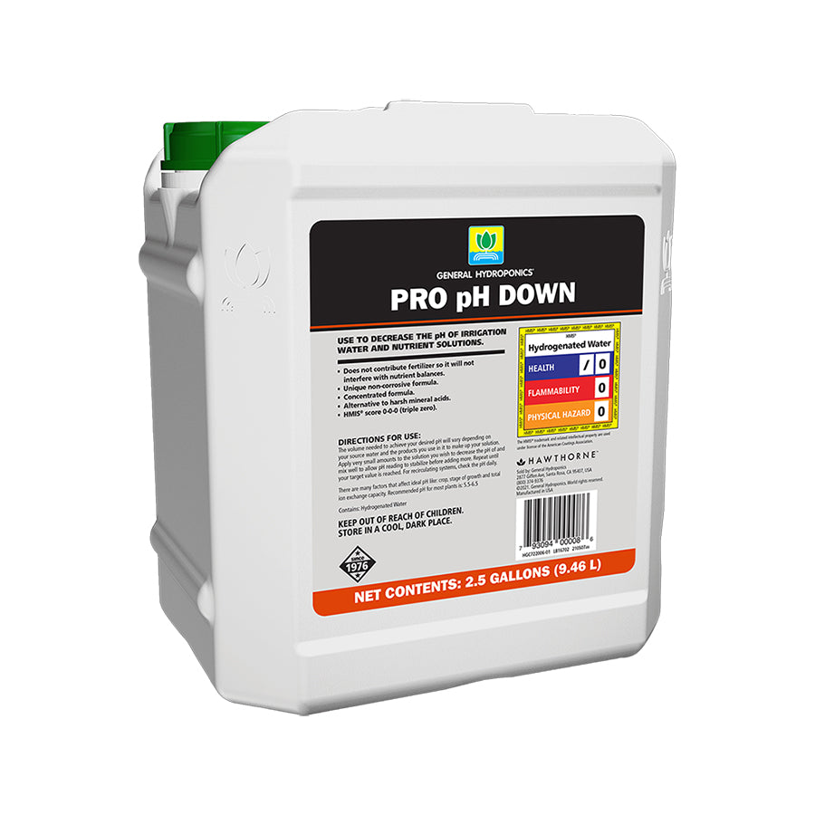 General Hydroponics Pro pH Down, a liquid solution designed to lower pH levels in hydroponic systems and soil mixes for optimal nutrient availability.