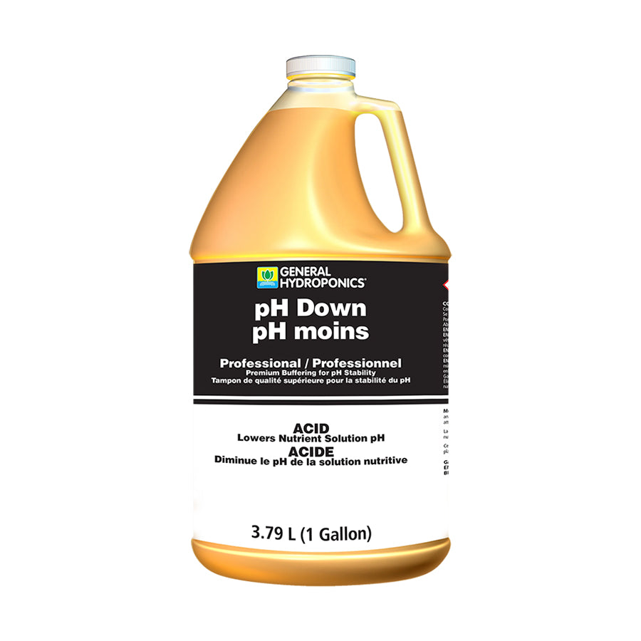 General Hydroponics Pro pH Down, a liquid solution designed to lower pH levels in hydroponic systems and soil mixes for optimal nutrient availability.