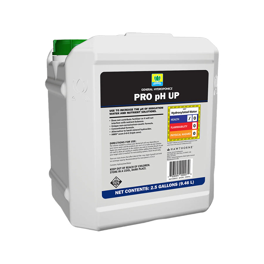 General Hydroponics Pro pH Up, a liquid solution designed to raise pH levels in hydroponic systems and soil mixes, ensuring optimal nutrient uptake for plants.