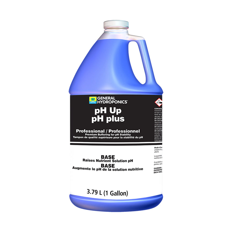 General Hydroponics Pro pH Up, a liquid solution designed to raise pH levels in hydroponic systems and soil mixes, ensuring optimal nutrient uptake for plants.