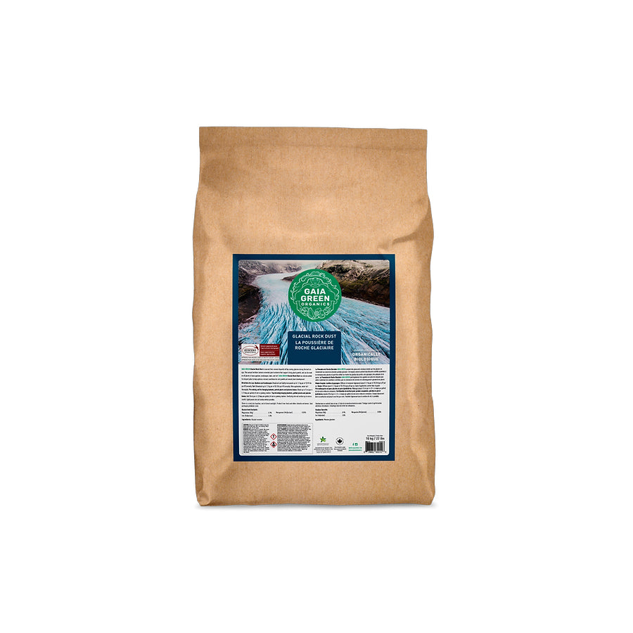 Gaia Green Glacial Rock Dust, a mineral supplement rich in trace elements, designed to improve soil structure and support plant health.