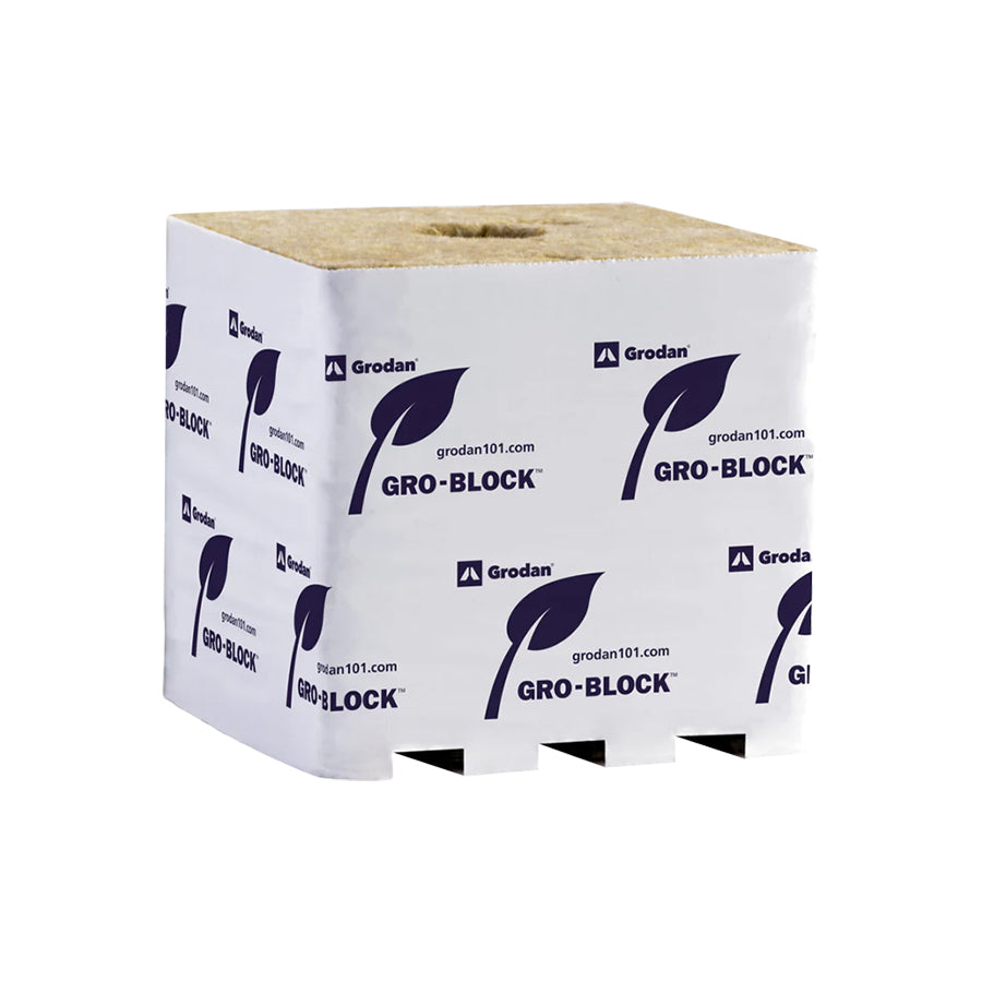 Grodan Gro-Block Improved G32 Hugo, a 6 x 6 x 6-inch rockwool block designed to support plant growth by providing optimal water retention and root development in hydroponic systems.