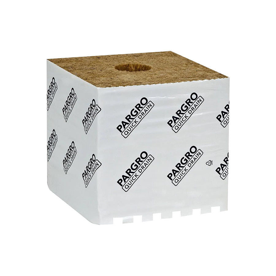 Grodan Pargro 6-inch Cube, a rockwool growing medium designed to support strong root development, providing optimal water retention and aeration for plants in hydroponic systems.