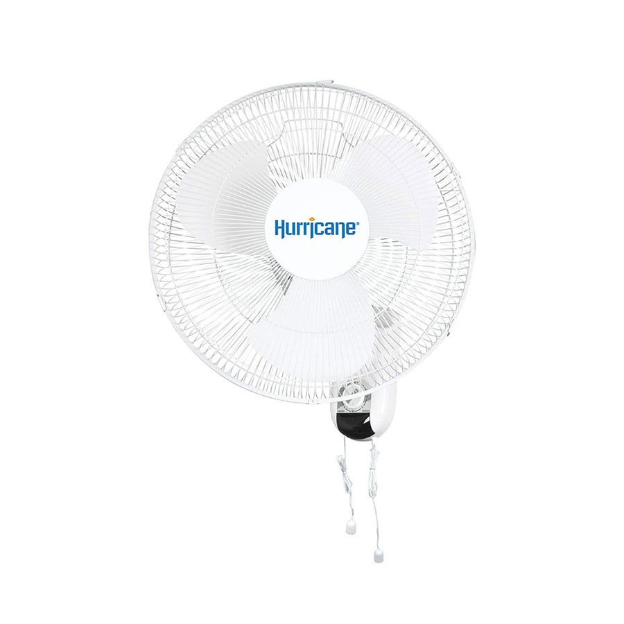 Hurricane Classic Oscillating Wall Mount 16 Inch Fan, a durable fan designed for efficient airflow and cooling in indoor gardening spaces, featuring adjustable oscillation and speed settings.