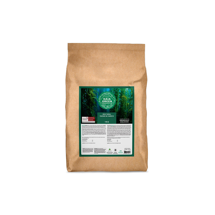 Gaia Green Kelp Meal, an organic fertilizer with an N-P-K ratio of 1-0-2, made from dried seaweed to support plant growth and enhance soil fertility.