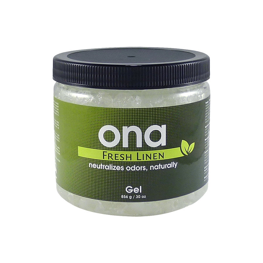 Ona Gel Fresh Linen, an odor-neutralizing gel that effectively absorbs and eliminates odors, leaving a fresh linen scent, ideal for indoor gardens and grow rooms.