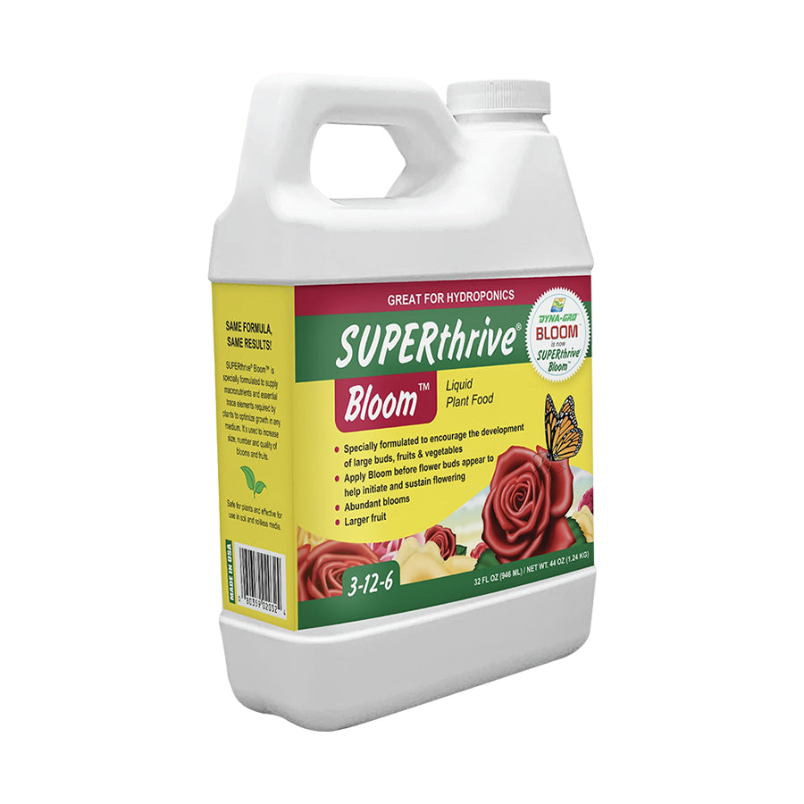 SuperThrive Bloom, a plant nutrient with an N-P-K ratio of 3-12-6, formulated to support robust flowering and fruiting during the bloom phase.