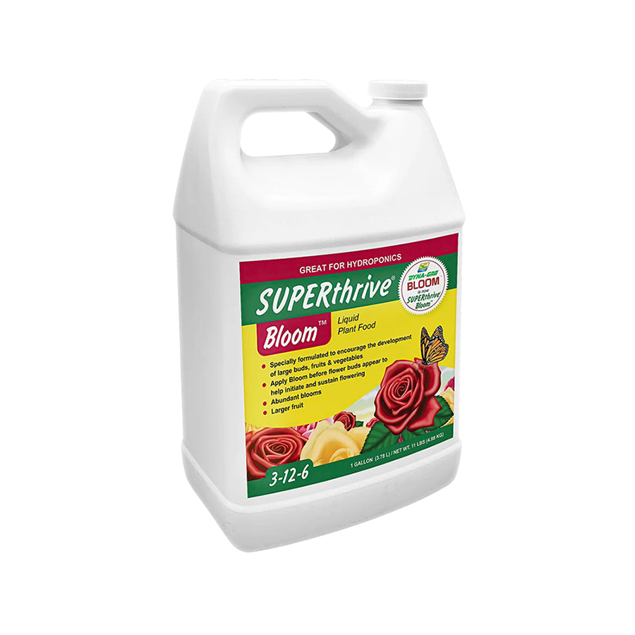 SuperThrive Bloom, a plant nutrient with an N-P-K ratio of 3-12-6, formulated to support robust flowering and fruiting during the bloom phase.