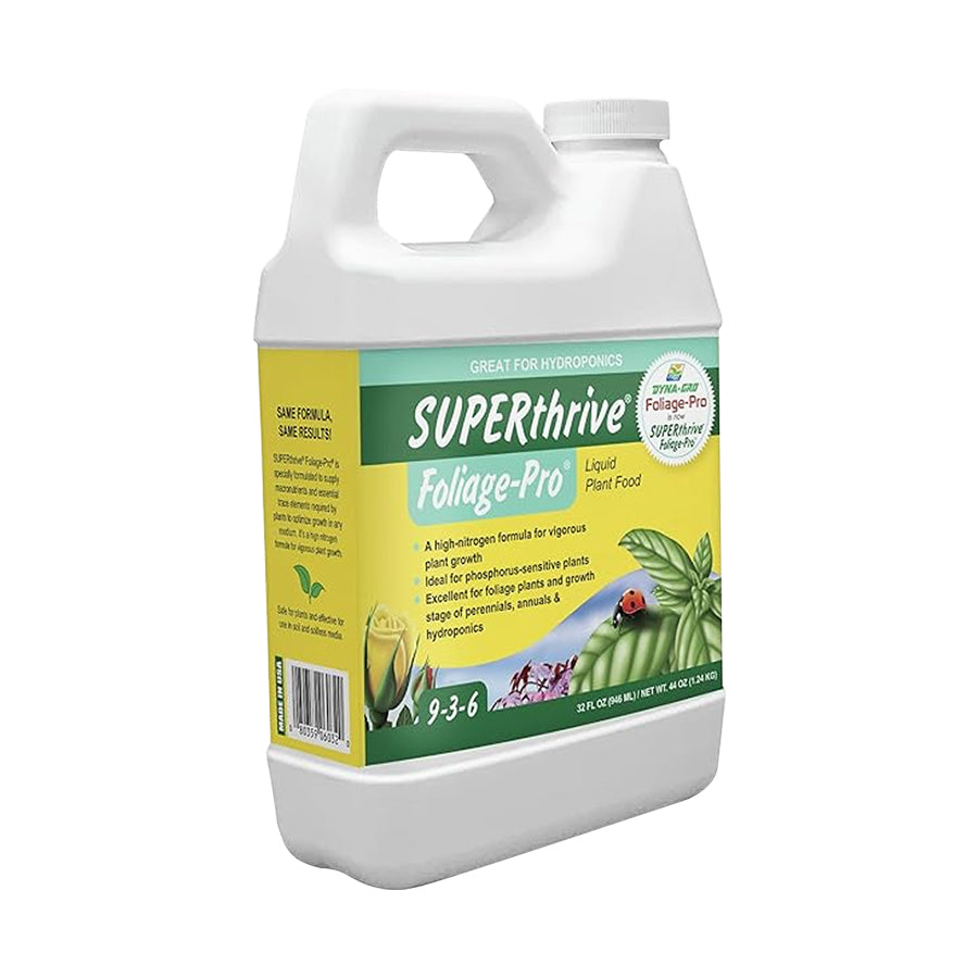 SuperThrive Foliage Pro, a nutrient solution with an N-P-K ratio of 9-3-6, formulated to encourage lush, healthy foliage growth in plants.